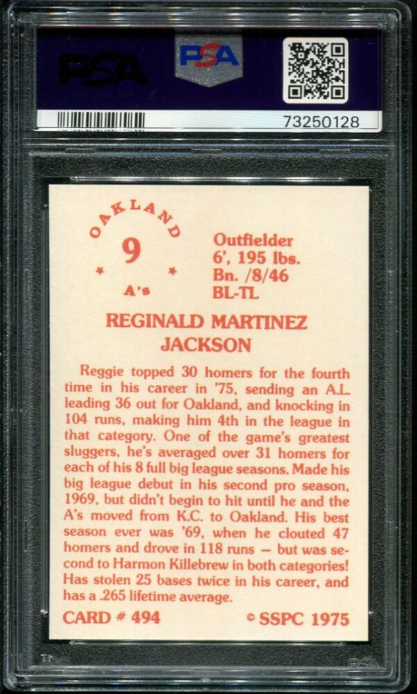 Authentic 1975 SSPC #494 Reggie Jackson PSA 9 Baseball Card