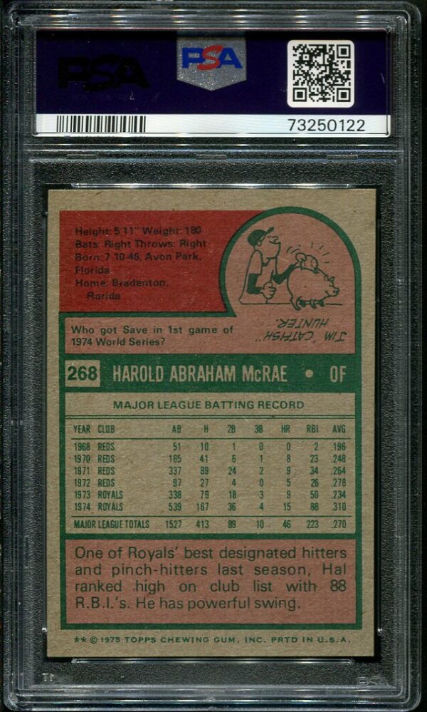 Authentic 1975 Topps #268 Hal McRae PSA 8 Baseball Card