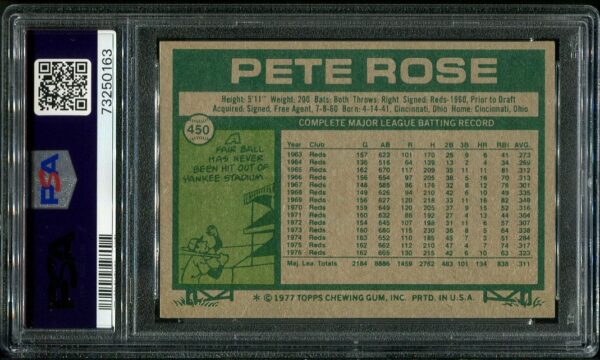 Authentic 1977 Topps #450 Pete Rose PSA 7 Baseball Card