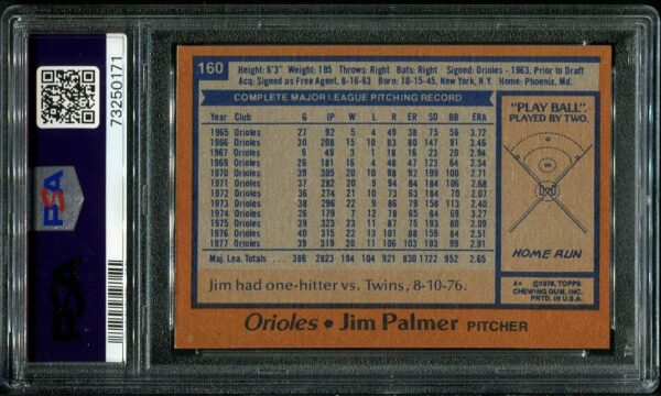 Authentic 1978 Topps #160 Jim Palmer PSA 9 Baseball Card