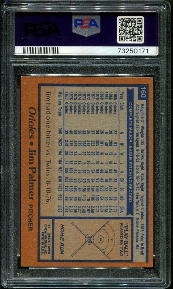 Authentic 1978 Topps #160 Jim Palmer PSA 9 Baseball Card