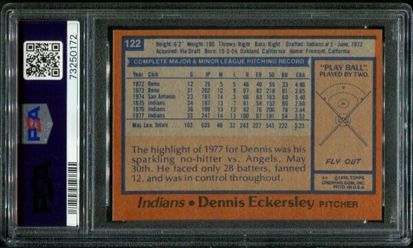 Authentic 1978 Topps #122 Dennis Eckersley PSA 9 Baseball Card