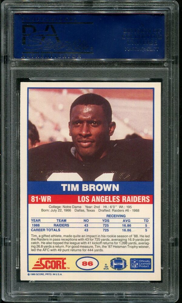 Authentic 1989 Score #86 Tim Brown PSA 10 Rookie Football Card