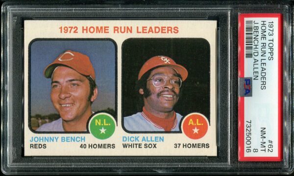 Authentic 1973 Topps #62 Johnny Bench Home Run Leaders PSA 8 Baseball Card