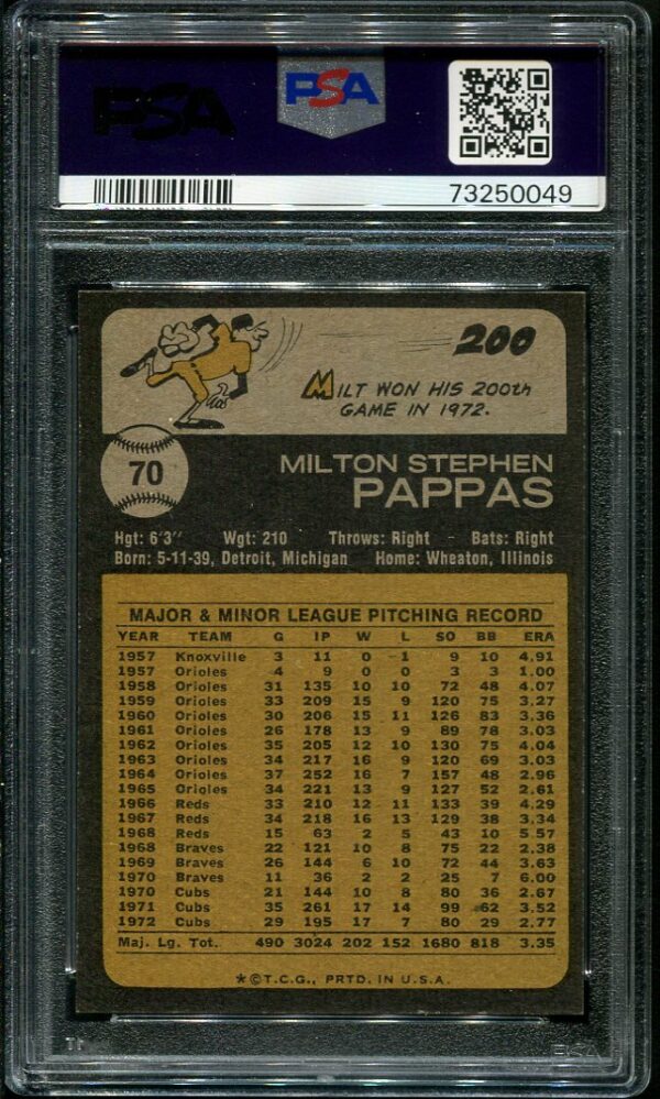 Authentic 1973 Topps #70 Milt Pappas PSA 8 Baseball Card