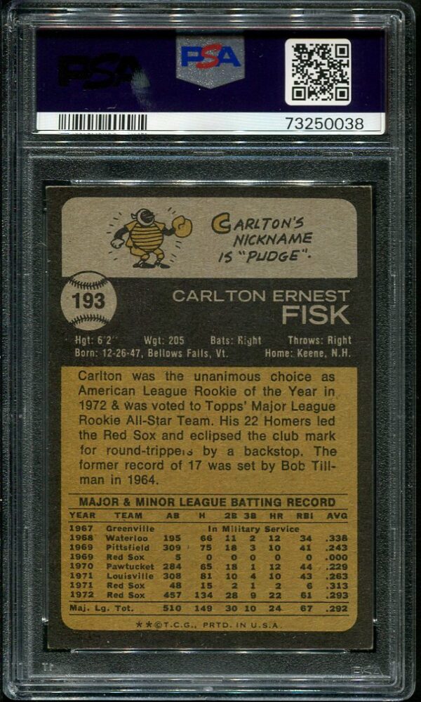 Authentic 1973 Topps #193 Carlton Fisk PSA 7 All-Star Rookie Baseball Card