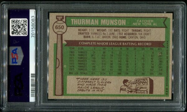 Authentic 1976 Topps #650 Thurman Munson PSA 8 Baseball Card