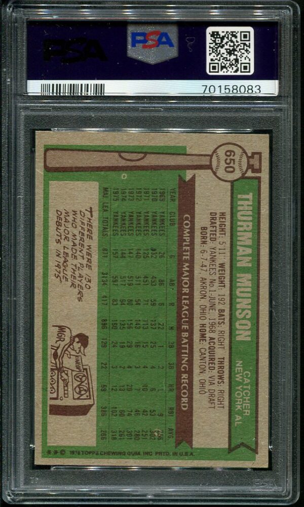 Authentic 1976 Topps #650 Thurman Munson PSA 8 Baseball Card