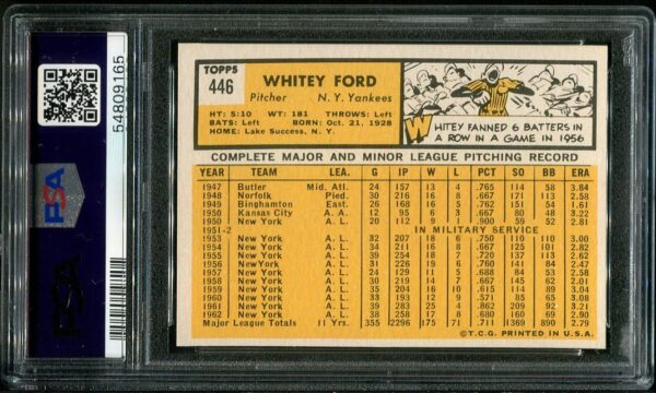 Authentic 1963 Topps #446 Whitey Ford PSA 6 Baseball Card