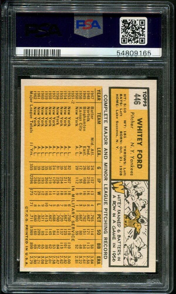 Authentic 1963 Topps #446 Whitey Ford PSA 6 Baseball Card