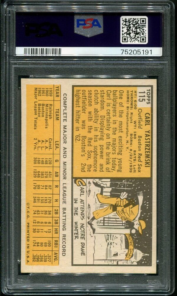 Authentic 1963 Topps #115 Carl Yastrzemski PSA 6 Baseball Card