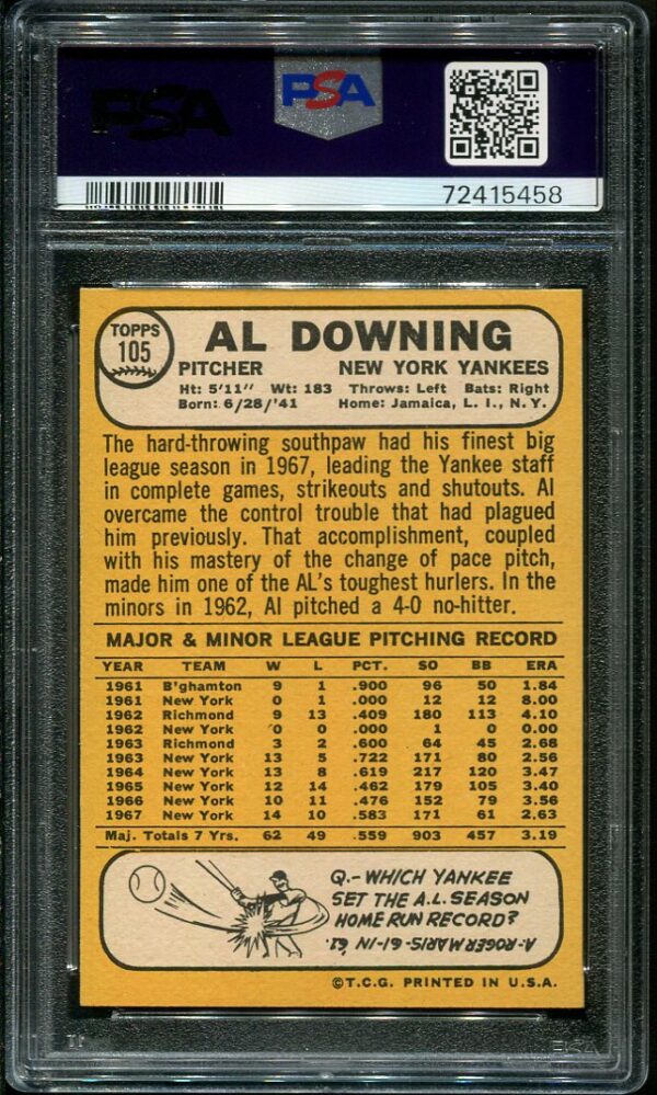 Authentic 1968 Topps #105 Al Dowling PSA 9 Baseball Card