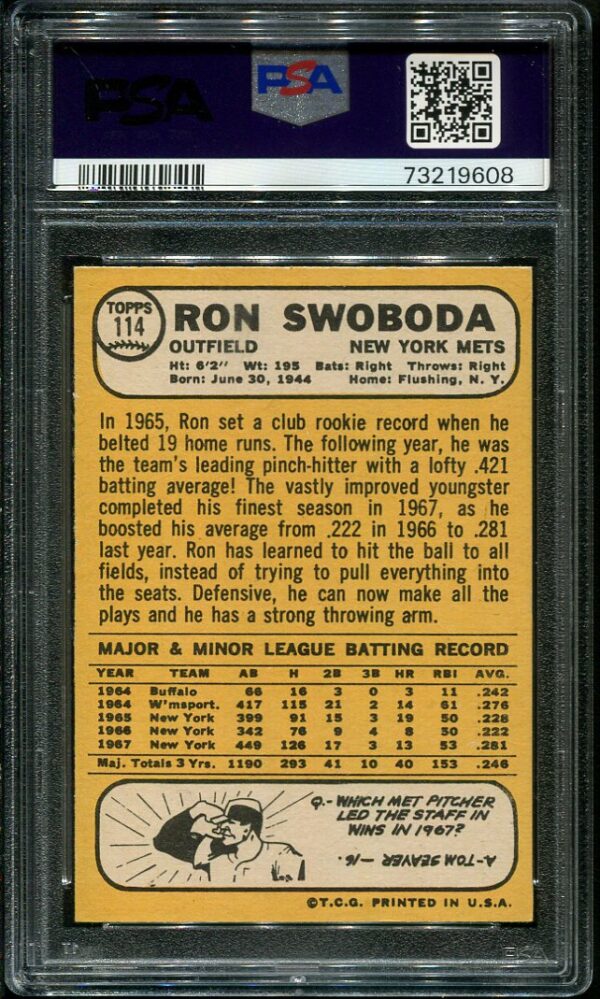 Authentic 1968 Topps #114 Ron Swoboda PSA 7 Baseball Card