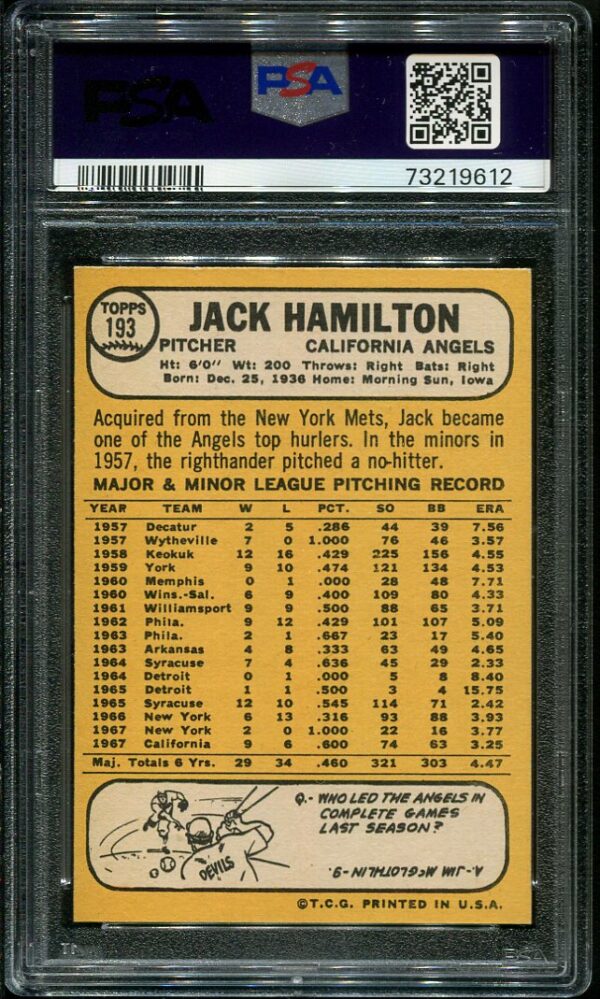 Authentic 1968 Topps #193 Jack Hamilton PSA 8 Baseball Card