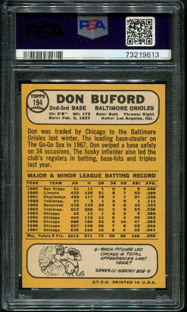 Authentic 1968 Topps #194 Don Buford PSA 9 Baseball Card