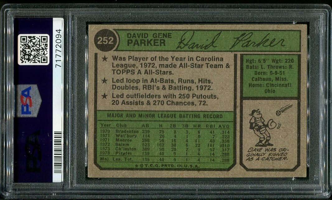 1974 Topps #252 Dave Parker Autographed RC PSA 6 Auto 10 (71772094 ...