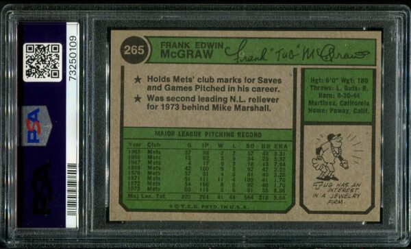 Authentic 1974 Topps #265 Tug McGraw PSA 9 Baseball Card