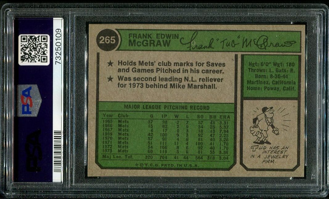 1974 Topps #265 Tug Mcgraw Psa 9 (73250109) - All Star Cards Inc