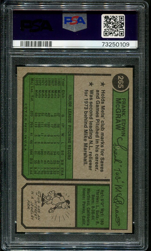 1974 Topps #265 Tug McGraw PSA 9 (73250109) - All Star Cards Inc