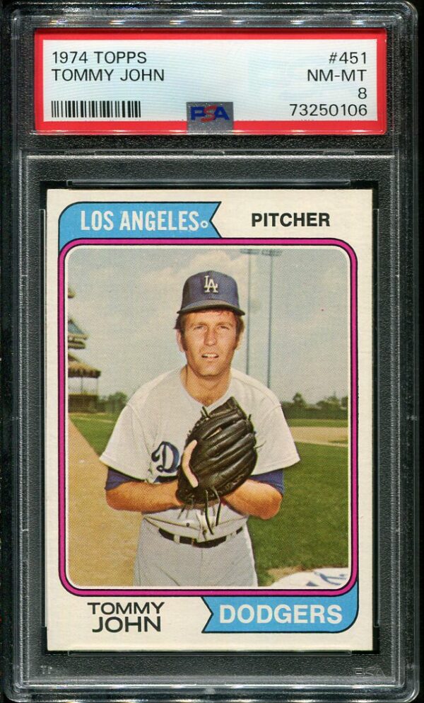 Authentic 1974 Topps #451 Tommy John PSA 8 Baseball Card