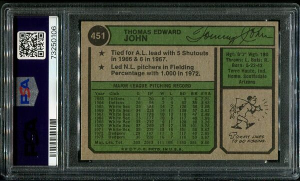 Authentic 1974 Topps #451 Tommy John PSA 8 Baseball Card