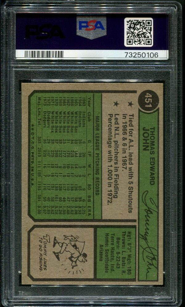 Authentic 1974 Topps #451 Tommy John PSA 8 Baseball Card