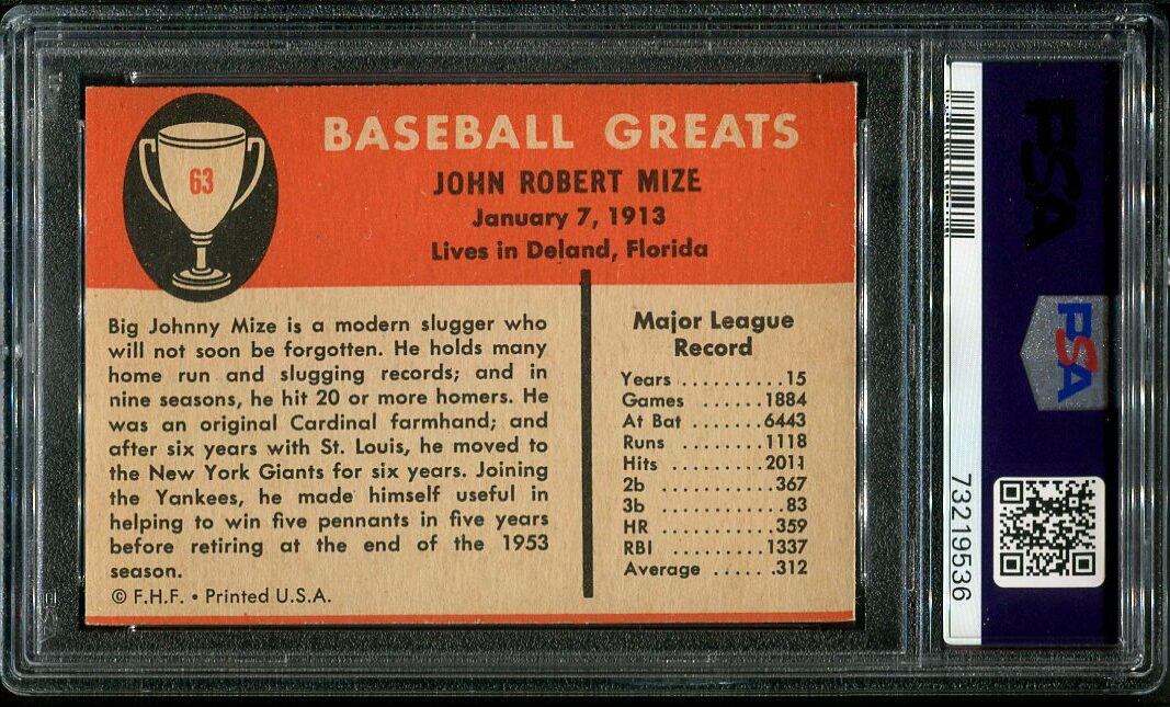 1961 Fleer #63 Johnny Mize PSA 7 HOF (73219536) - All Star Cards Inc