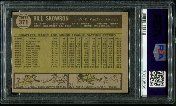 Authentic 1961 Topps #371 Bill Skowron PSA 6 Baseball Card