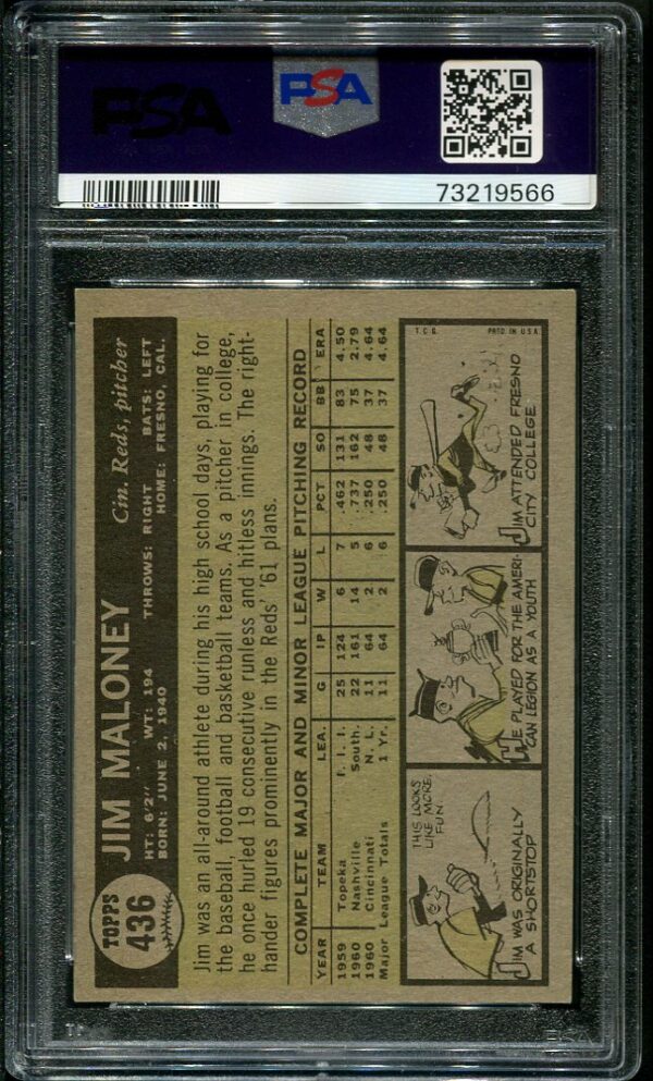 Authentic 1961 Topps #436 Jim Maloney PSA 7 Baseball Card