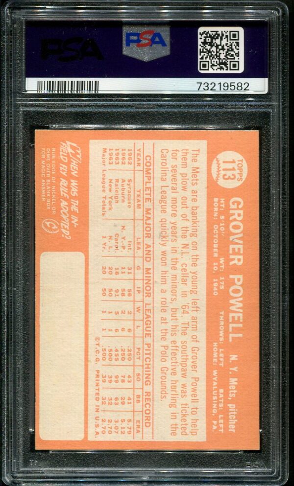 Authentic 1964 Topps #113 Grover Powell PSA 7 Baseball Card