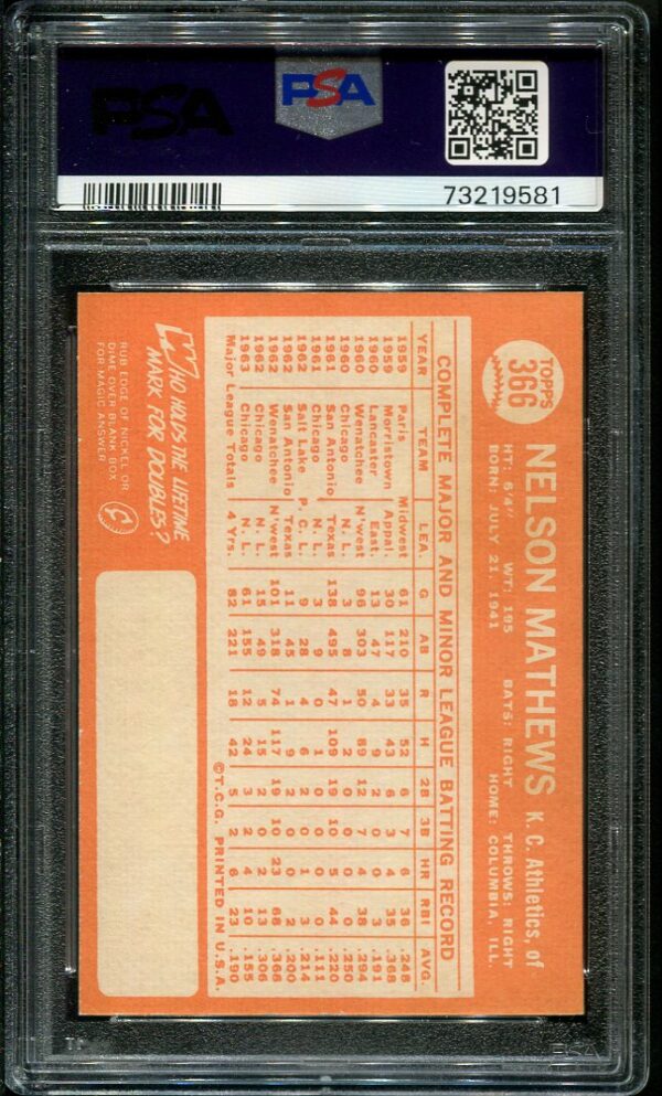 Authentic 1964 Topps #366 Nelson Mathews PSA 8 Baseball Card