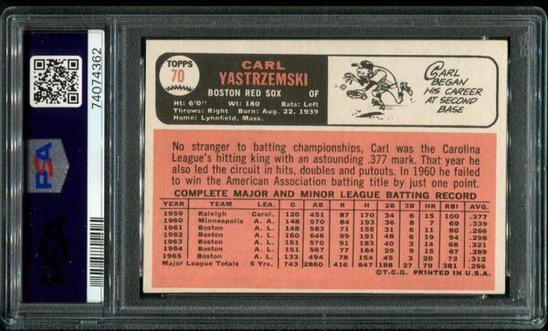 Authentic 1966 Topps #70 Carl Yastrzemski PSA 6 Baseball Card