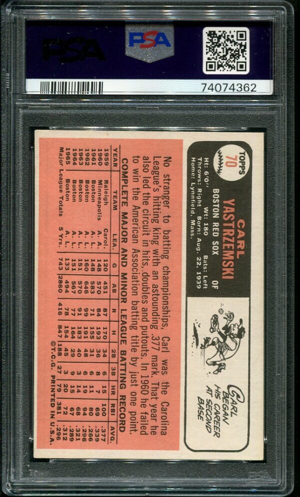 Authentic 1966 Topps #70 Carl Yastrzemski PSA 6 Baseball Card