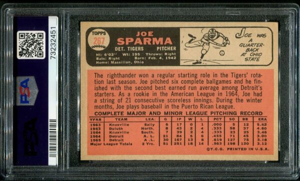 Authentic 1966 Topps #267 Joe Sparma PSA 6 Baseball Card