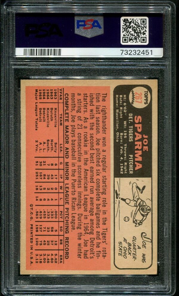 Authentic 1966 Topps #267 Joe Sparma PSA 6 Baseball Card