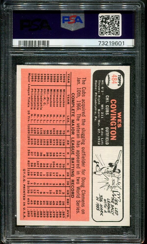 Authentic 1966 Topps #484 Wes Covington PSA 6 Baseball Card