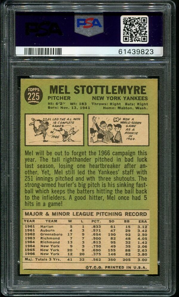 Authentic 1967 Topps #225 Mel Stottlemyre PSA 7 Baseball Card