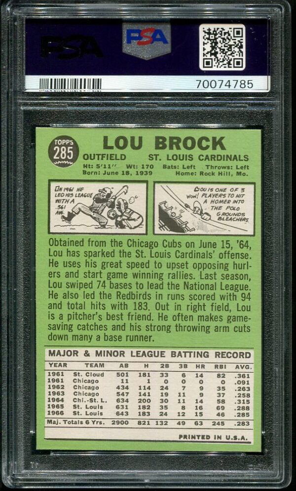 Authentic 1967 Topps #285 Lou Brock PSA 6 Baseball Card