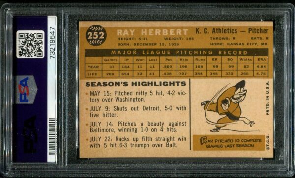 Authentic 1960 Topps #252 Ray Herbert PSA 8 Baseball Card