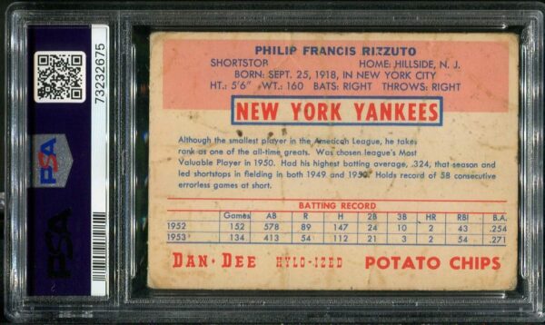 Authentic 1954 Dan-Dee Potato Chips Phil Rizzuto PSA 1 Baseball Card