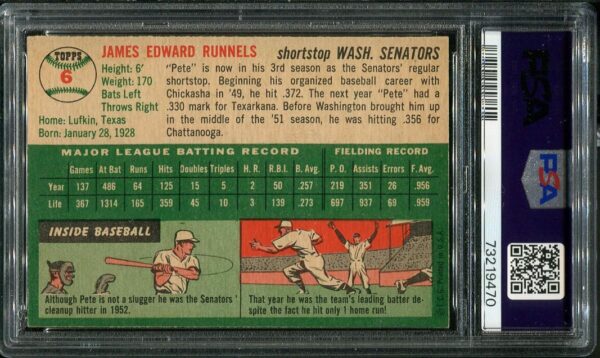 Authentic 1954 Topps #6 Pete Runnels PSA 7 Baseball Card