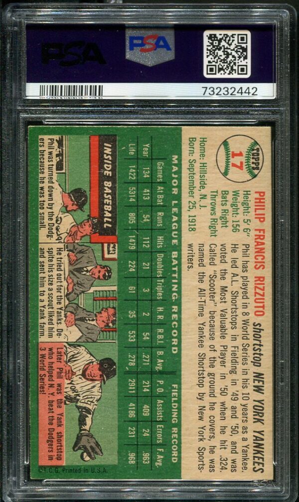 Authentic 1954 Topps #17 Phil Rizzuto PSA 6 Baseball Card