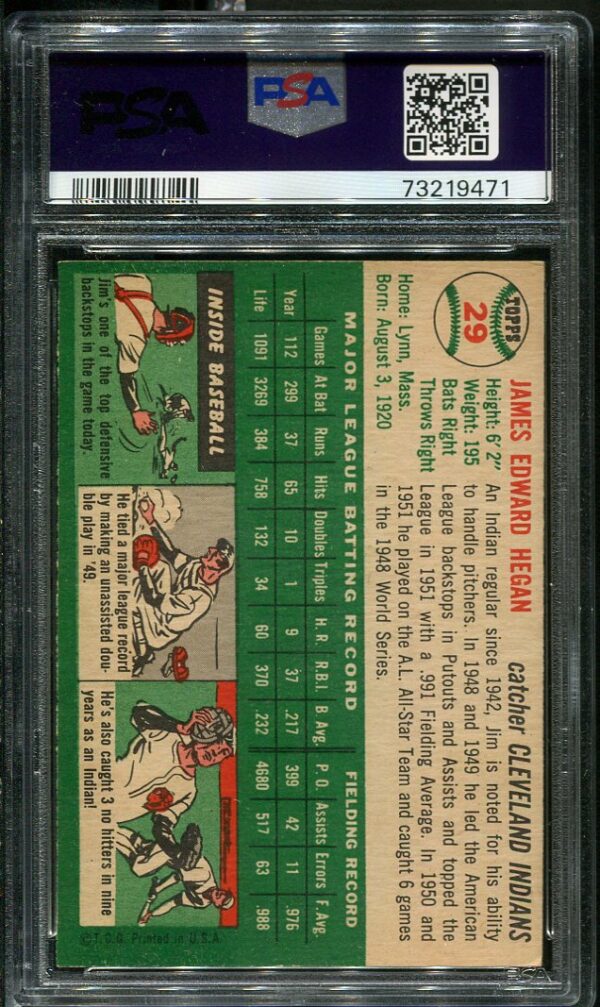 Authentic 1954 Topps #29 Jim Hegan PSA 6.5 Baseball Card