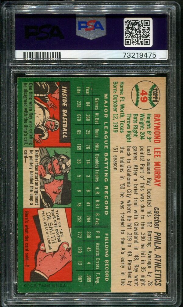 Authentic 1954 Topps #49 Ray Murray PSA 6 Baseball Card