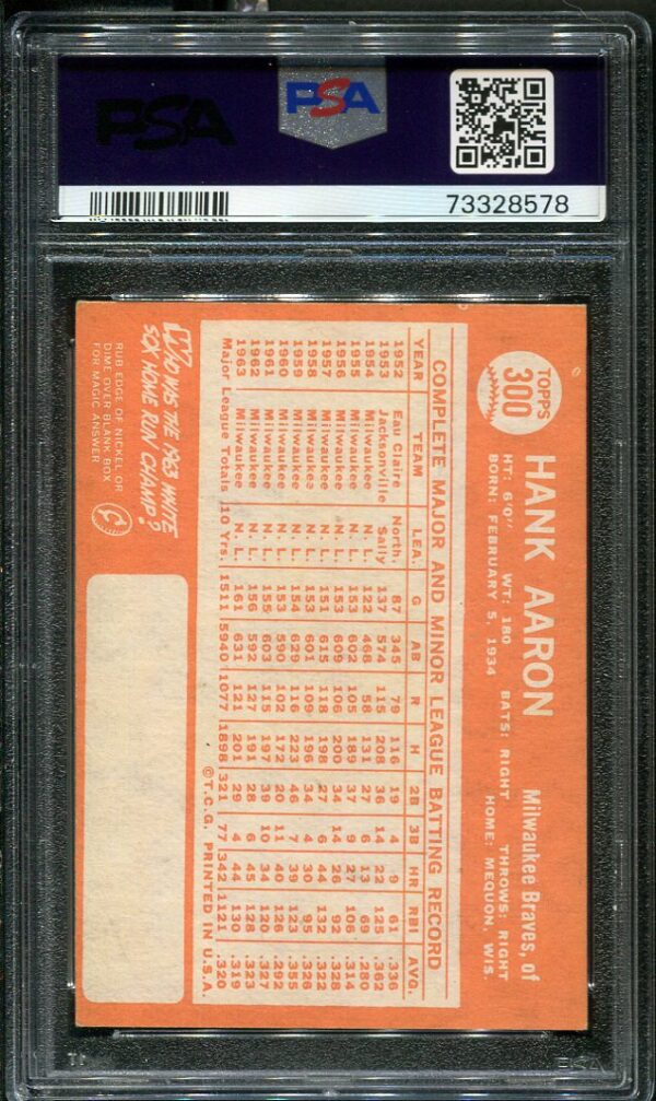 Authentic 1964 Topps #300 Hank Aaron PSA 6 Baseball Card