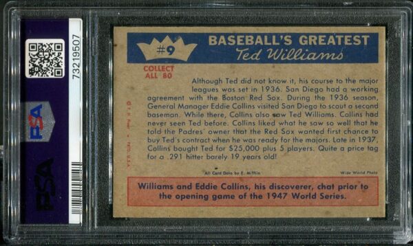 Authentic 1959 Fleer Ted Williams #9 (1937-First Step To The Majors) PSA 6 Baseball Card with Eddie Collins