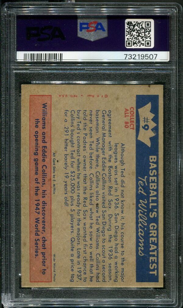 Authentic 1959 Fleer Ted Williams #9 (1937-First Step To The Majors) PSA 6 Baseball Card with Eddie Collins