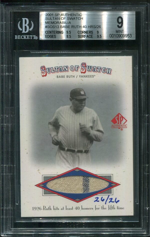 Babe Ruth's 2001 Upper Deck SP Authentic Sultan Of Swatch #SOS13 Game-Used Jersey Swatch with a BGS MINT 9 grade