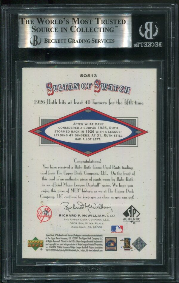 Babe Ruth's 2001 Upper Deck SP Authentic Sultan Of Swatch #SOS13 Game-Used Jersey Swatch with a BGS MINT 9 grade