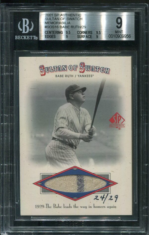 Babe Ruth's 2001 Upper Deck SP Authentic Sultan Of Swatch #SOS16 Game-Used Jersey Swatch with a BGS MINT 9 grade